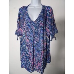 J.T.B. Woman Shirt 2X Slinky Top Colorful Abstract Tie Sleeve V Neck Plus Fun